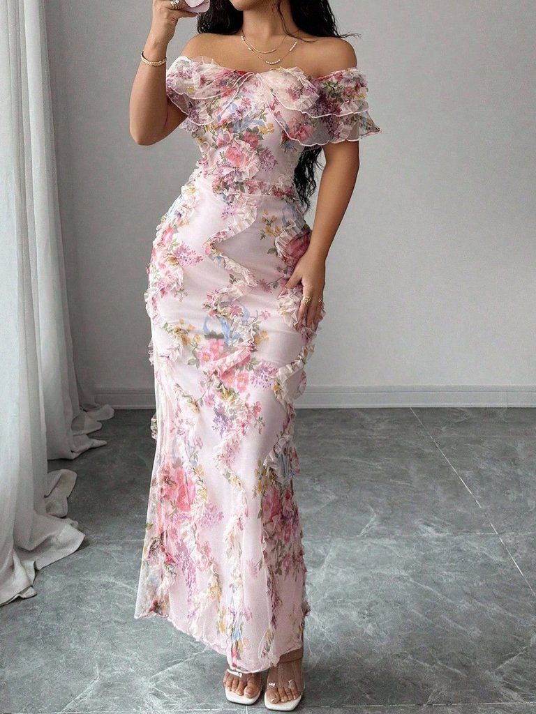 Multicolor Elegant Romantic Women's Bodycon Dress With 3d Floral Mesh